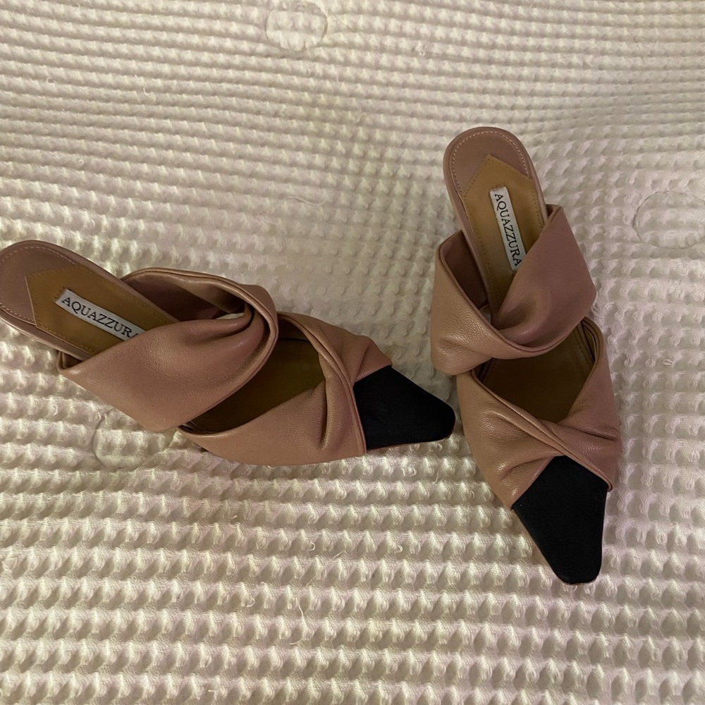 Aquazzura Tan and Black Mules